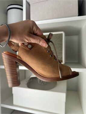 Women's Tan Suede Lace-Up Open-Toe Block Heel Sandal